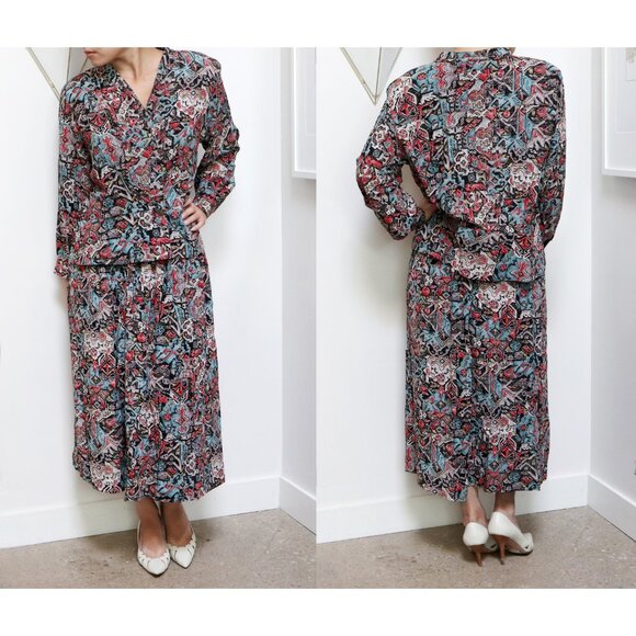 80s Black, Turquoise, Red & Beige Aztec Print Dust Jacket, Button Up Wrap Style - Picture 9 of 9